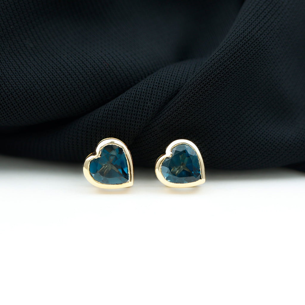Real 4 Carat London Blue Topaz Heart Stud Earrings for Women