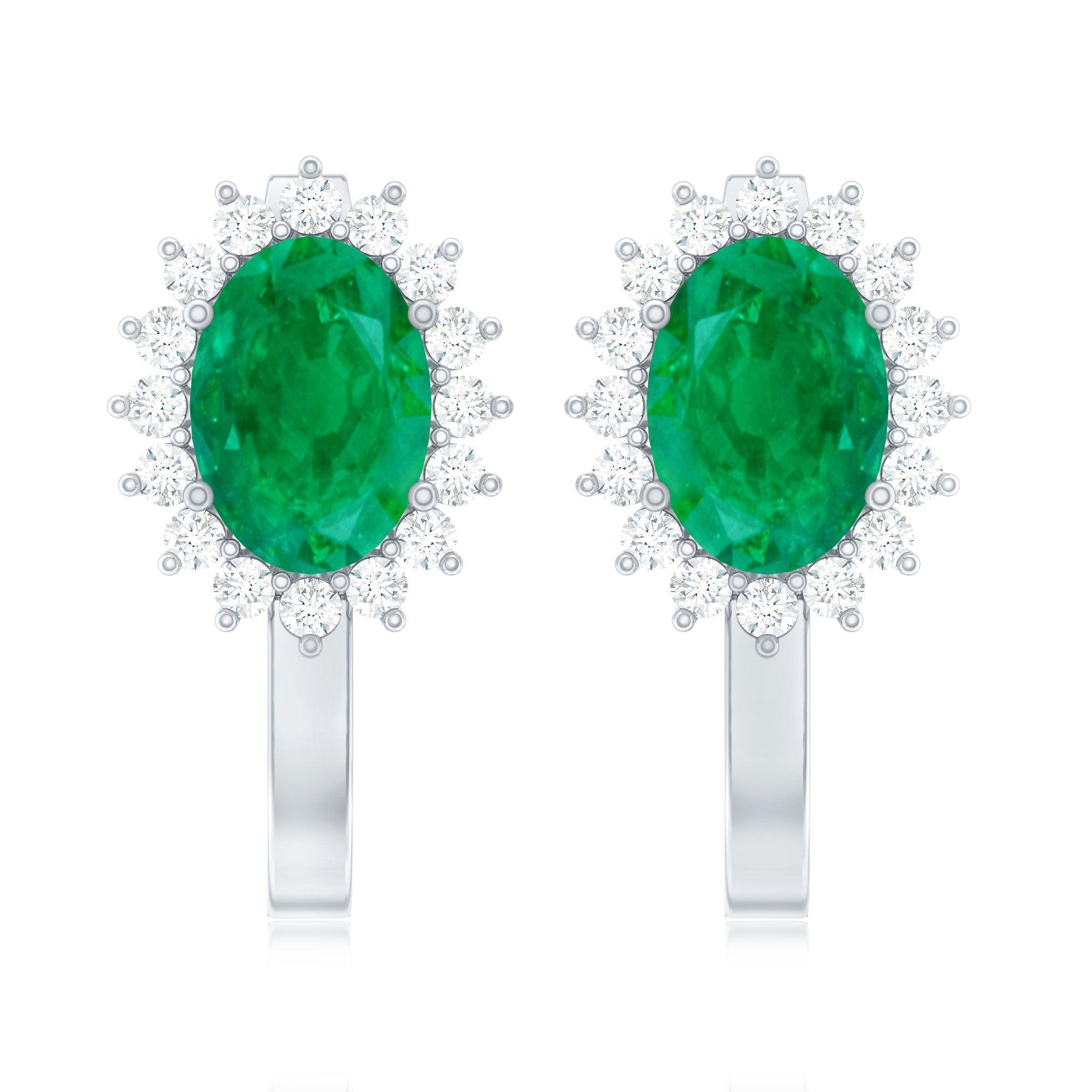 1.43 Carat Oval Cut Emerald and Diamond Halo Stud Earrings with Latch Back