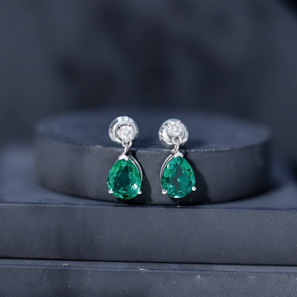 3.4 Carat Pear Cut Lab Created Emerald and Diamond Teardrop Earrings