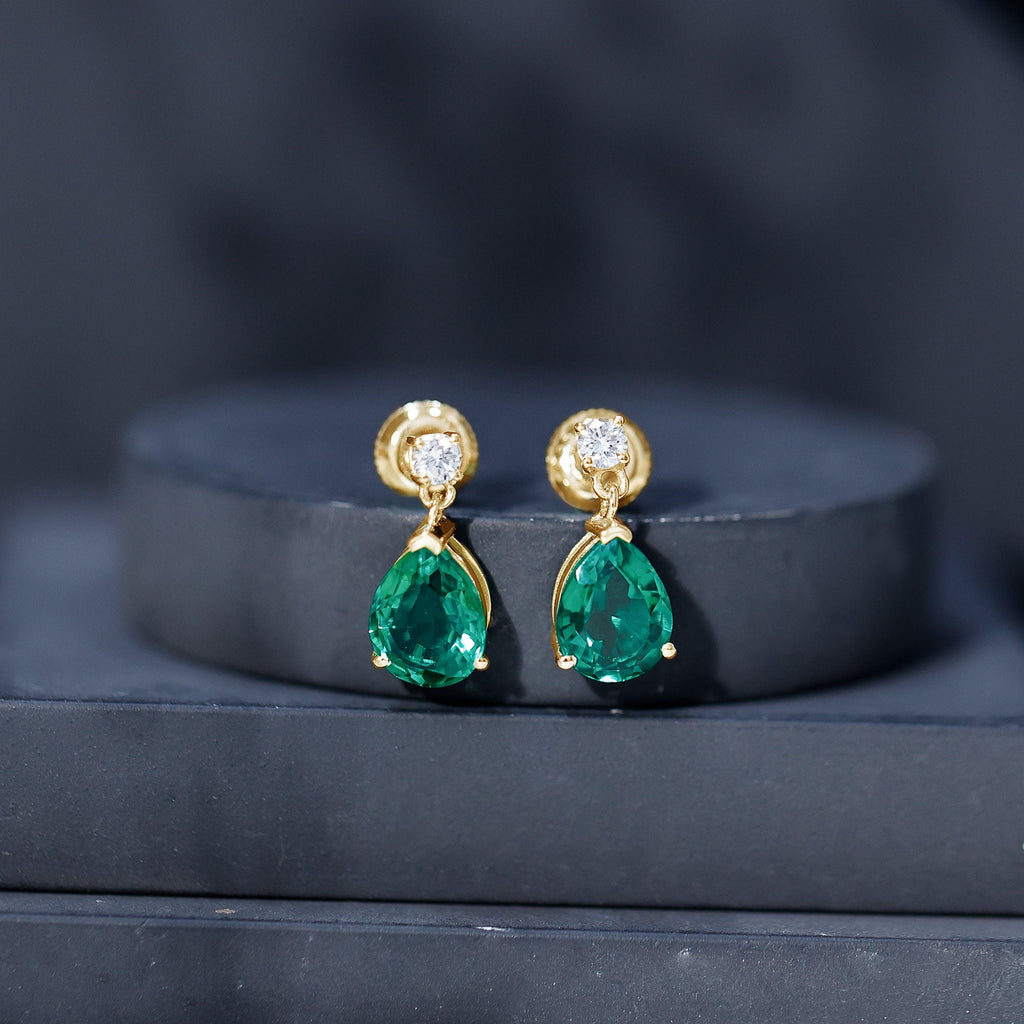 3.4 Carat Pear Cut Lab Created Emerald and Diamond Teardrop Earrings