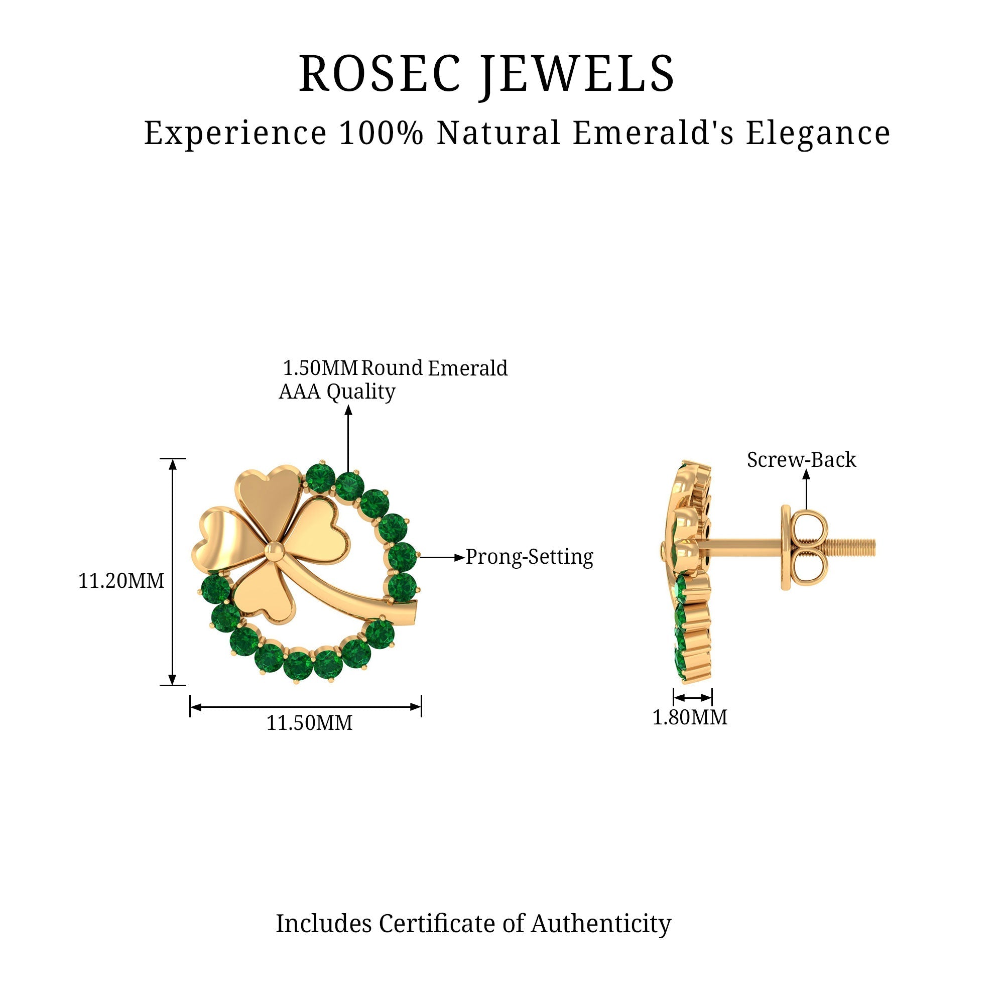 Genuine Emerald Clover Stud Earrings for Women
