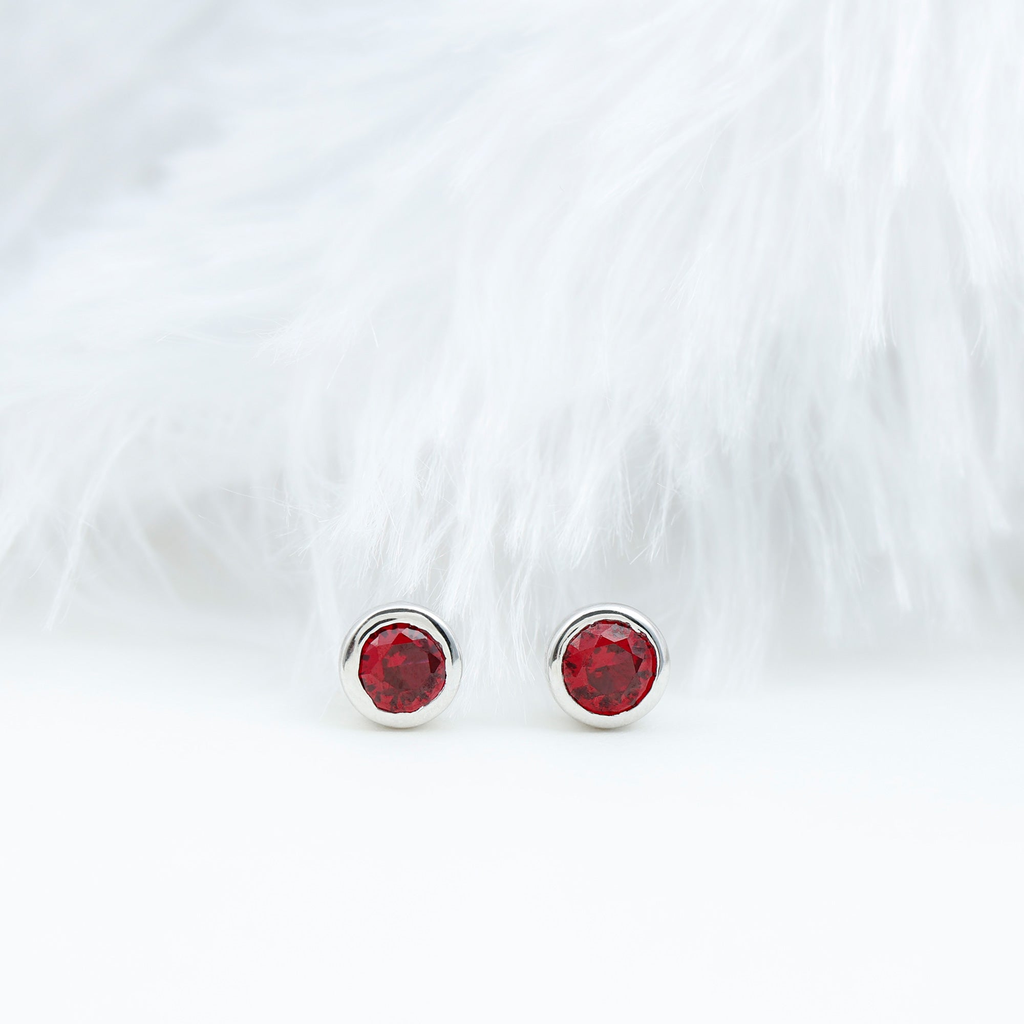 Minimalist Lab Grown Ruby Stud Earrings in Bezel Setting