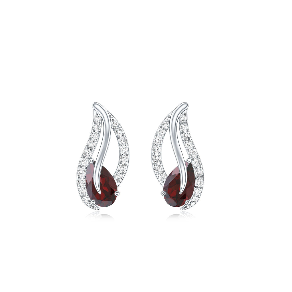 Pear Shape Garnet and Diamond Leaf Stud Earrings