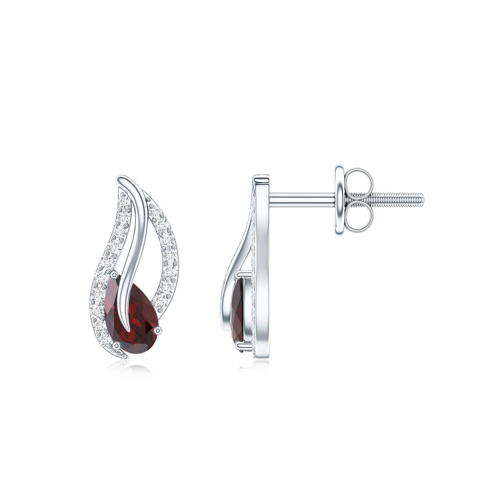 Pear Shape Garnet and Diamond Leaf Stud Earrings