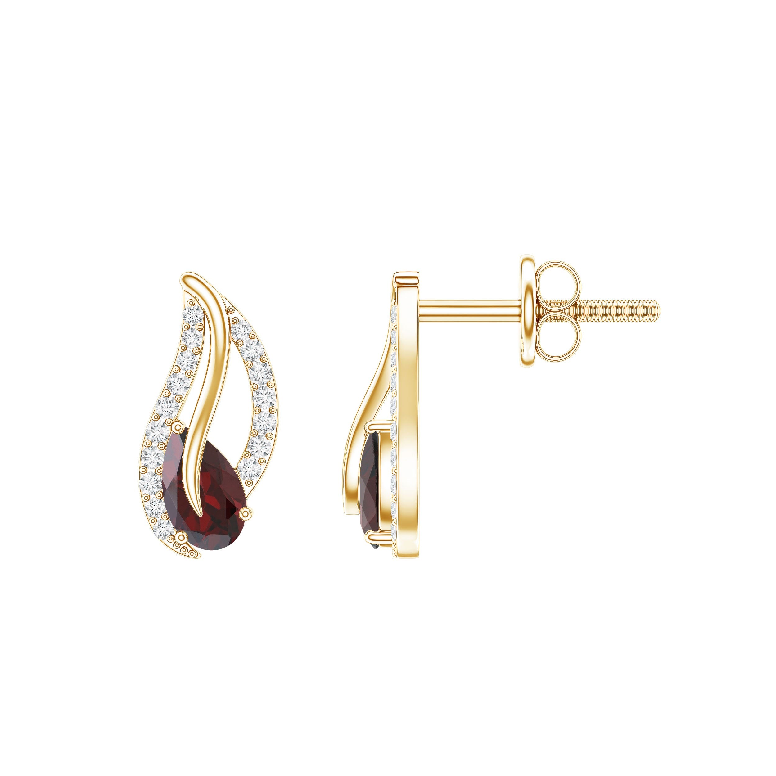 Pear Shape Garnet and Diamond Leaf Stud Earrings