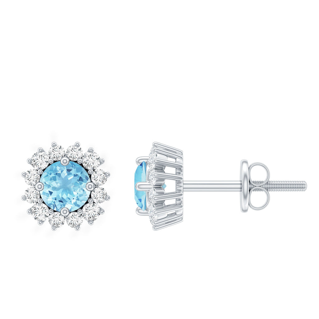 Genuine Aquamarine and Diamond Halo Stud Earrings