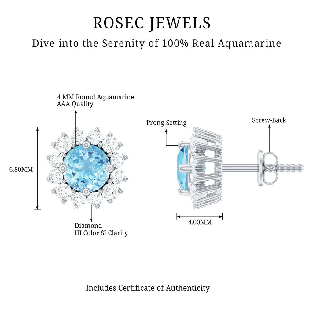 Genuine Aquamarine and Diamond Halo Stud Earrings