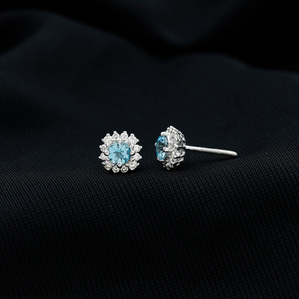 Genuine Aquamarine and Diamond Halo Stud Earrings