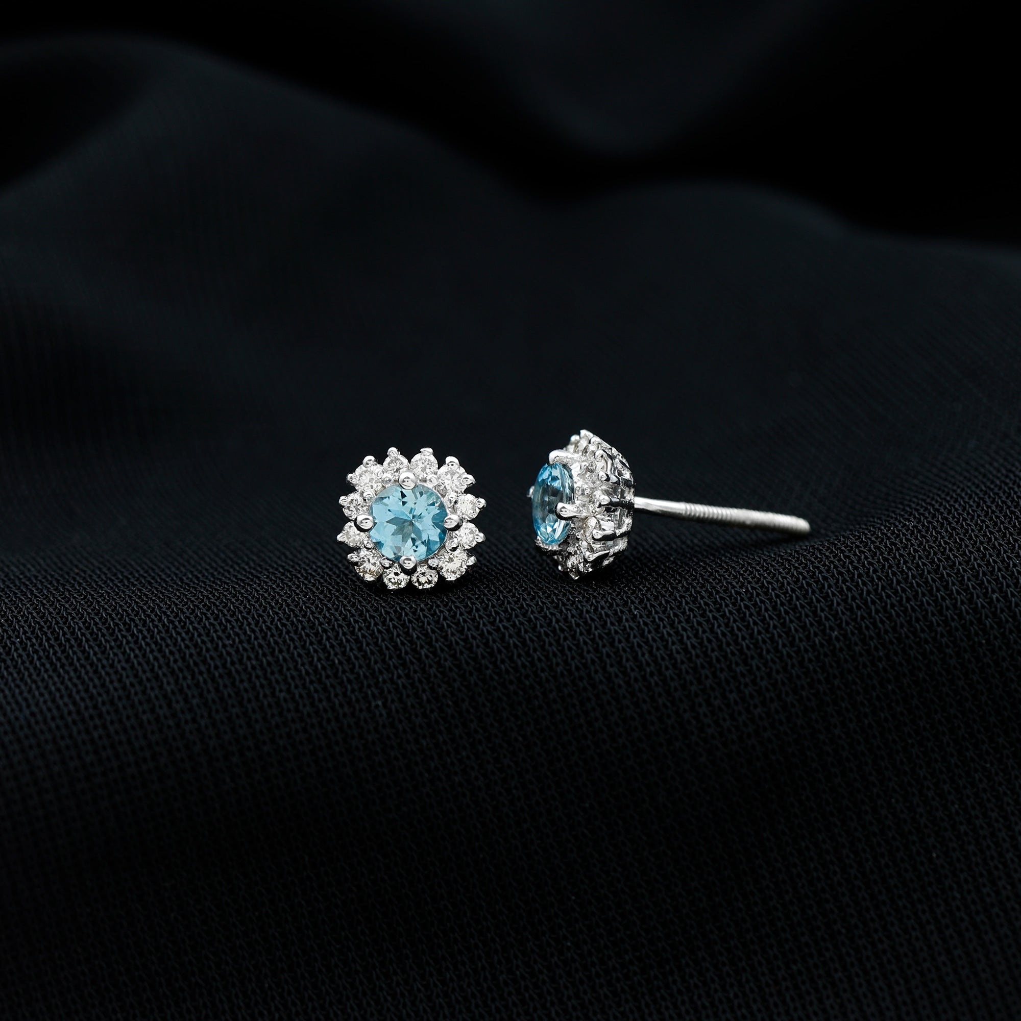 Genuine Aquamarine and Diamond Halo Stud Earrings