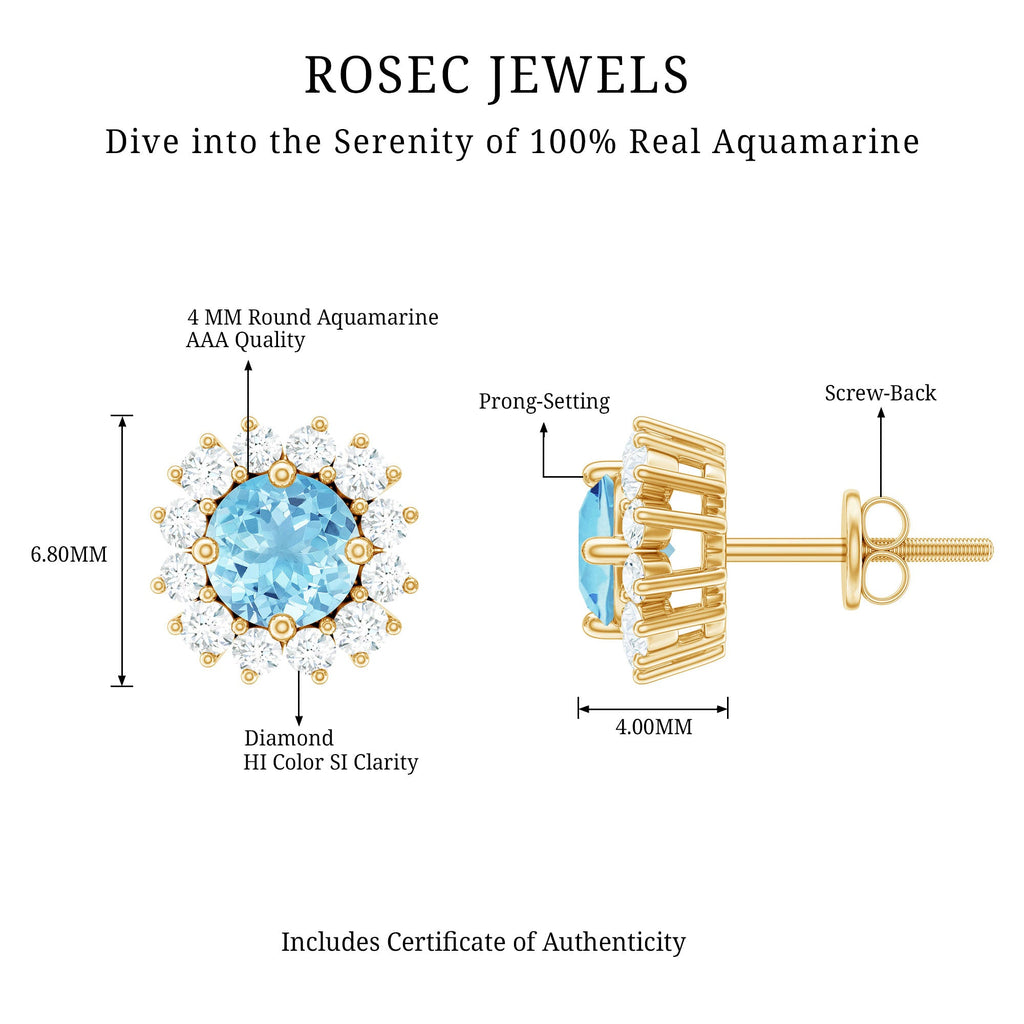 Genuine Aquamarine and Diamond Halo Stud Earrings