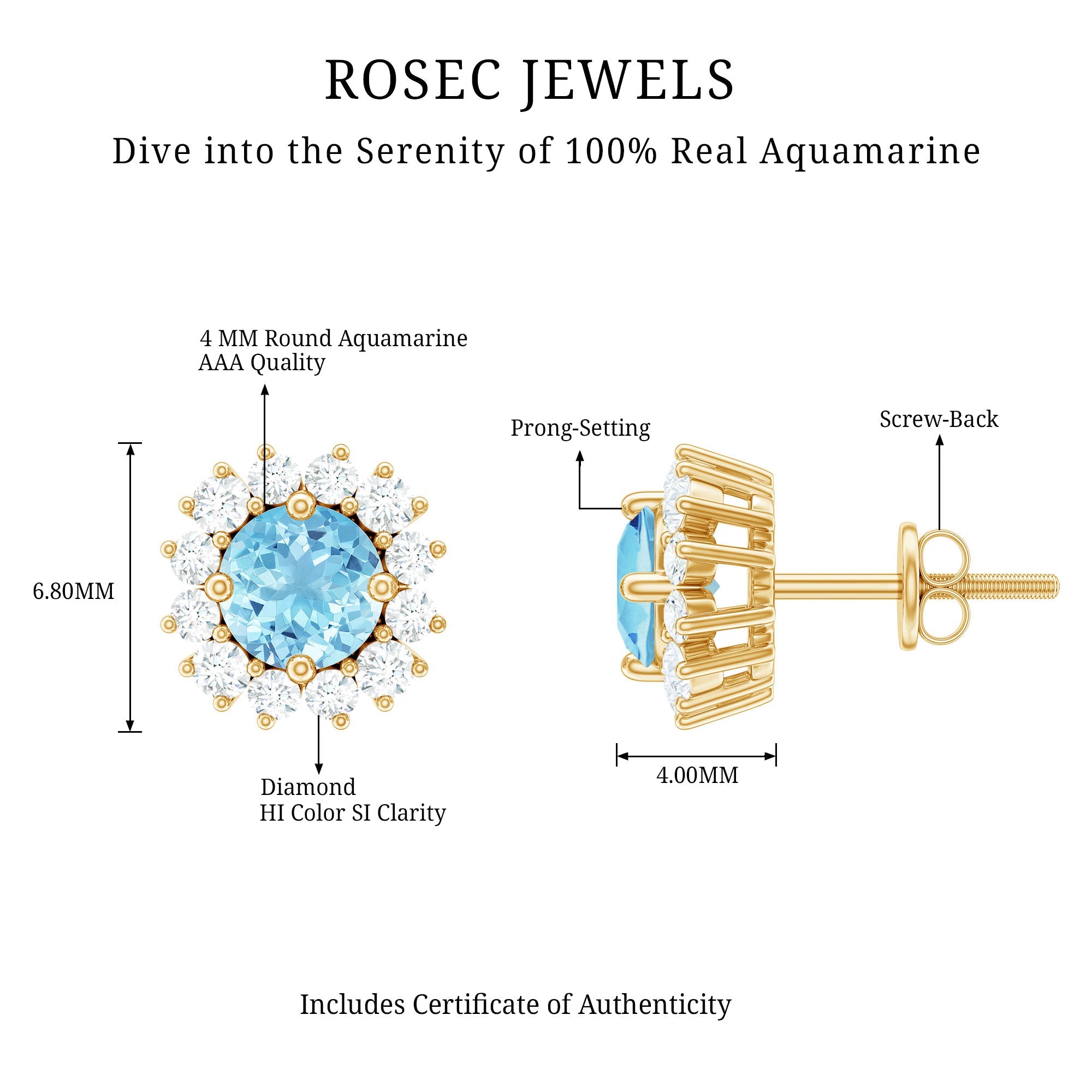 Genuine Aquamarine and Diamond Halo Stud Earrings
