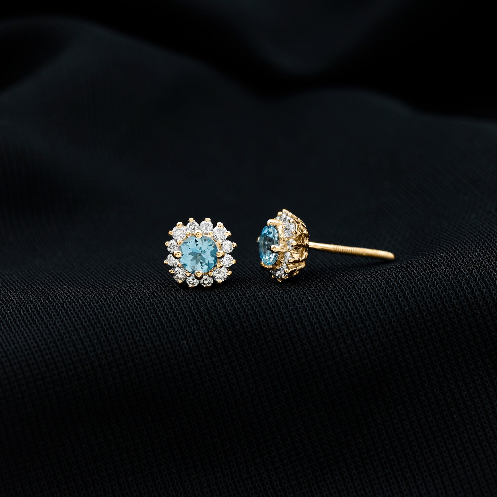 Genuine Aquamarine and Diamond Halo Stud Earrings