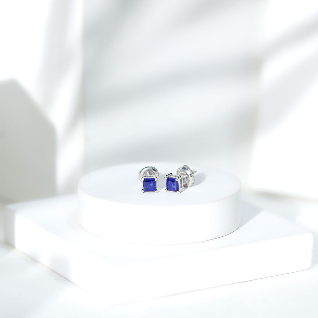 0.9 Carat Solitaire Blue Sapphire Princess Cut Stud Earrings
