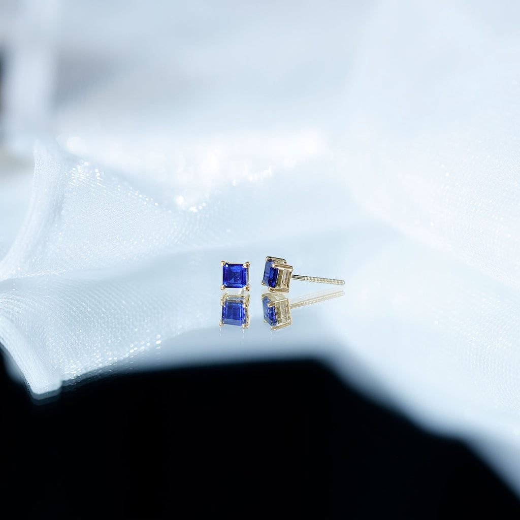 0.9 Carat Solitaire Blue Sapphire Princess Cut Stud Earrings