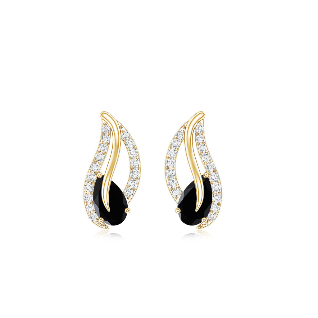 Genuine Pear Shape Black Onyx leaf Stud Earrings With Certificate