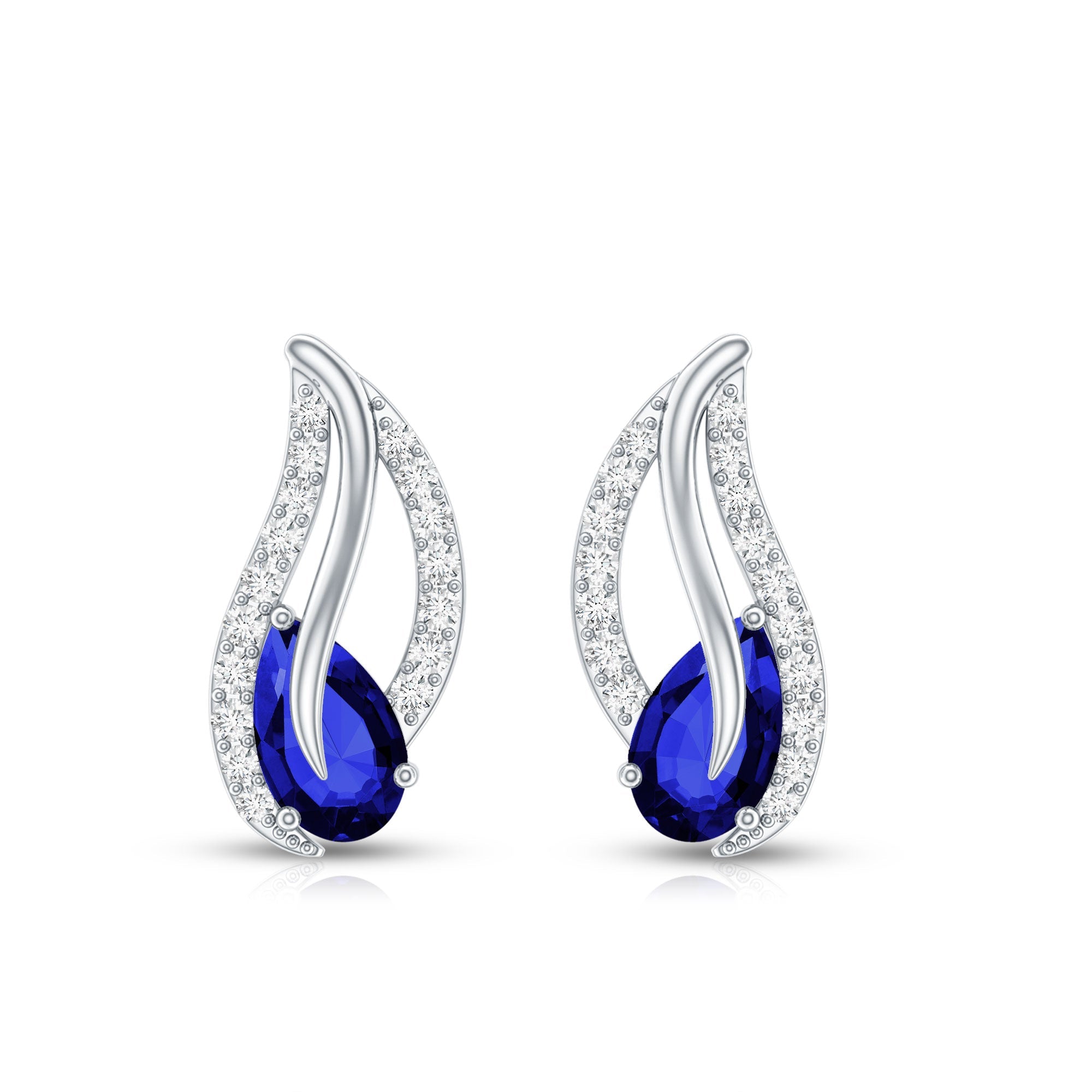 Lab Created Blue Sapphire and Moissanite Leaf Stud Earrings