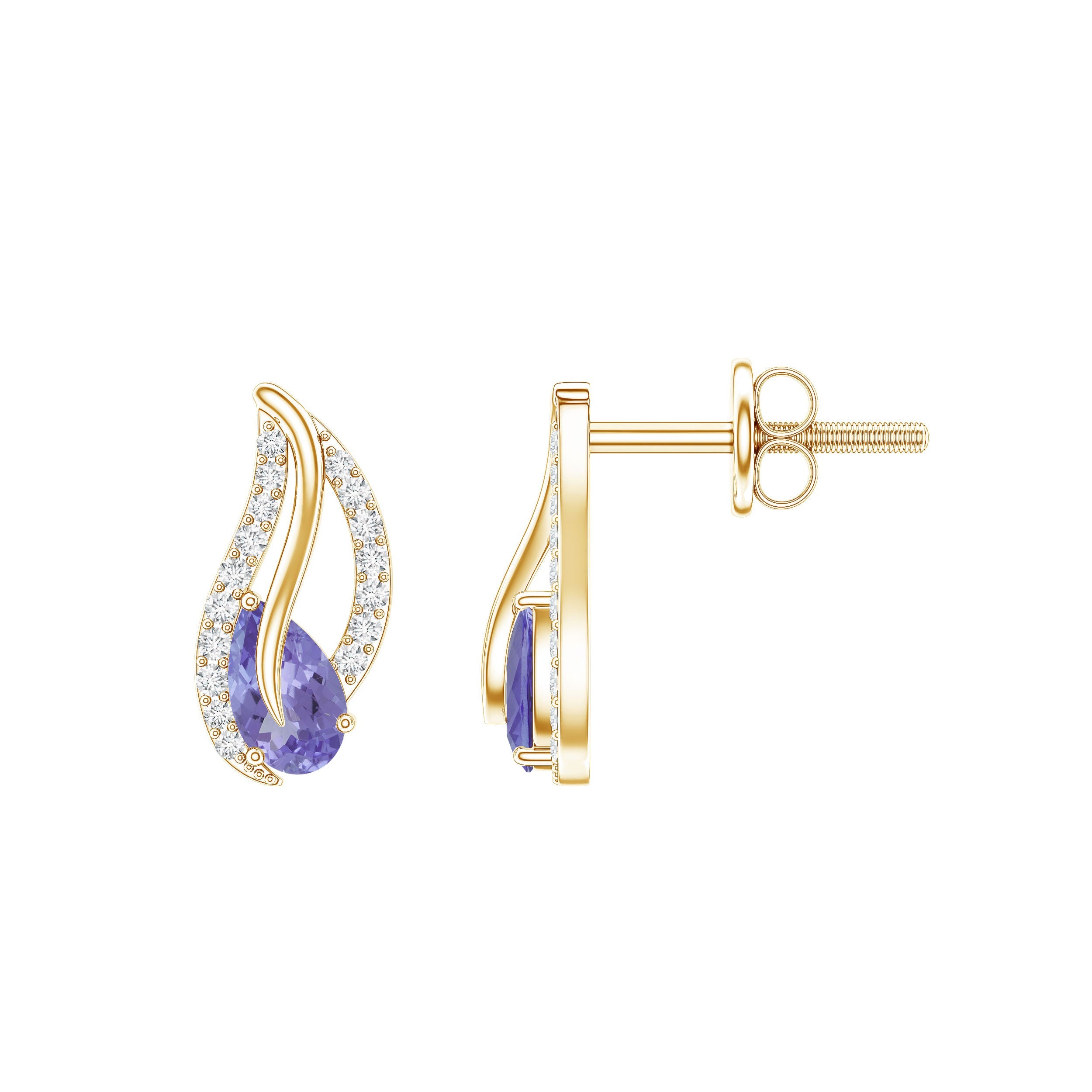 Pear Shape Tanzanite and Diamond Leaf Stud Earrings