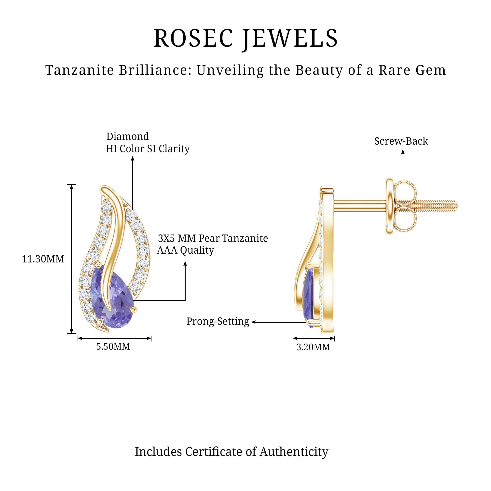 Pear Shape Tanzanite and Diamond Leaf Stud Earrings