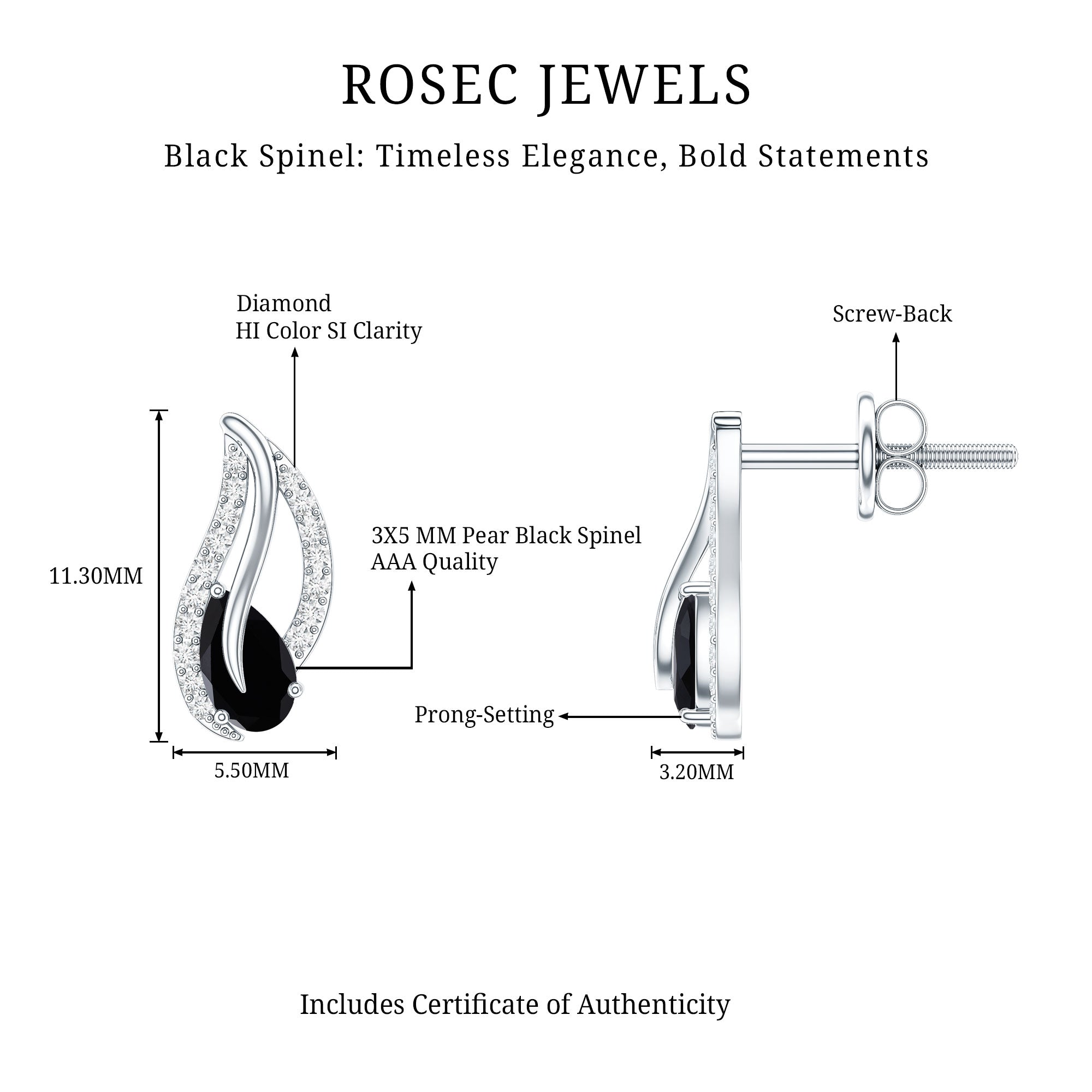 Pear Shape Black Spinel and Diamond Leaf Stud Earrings