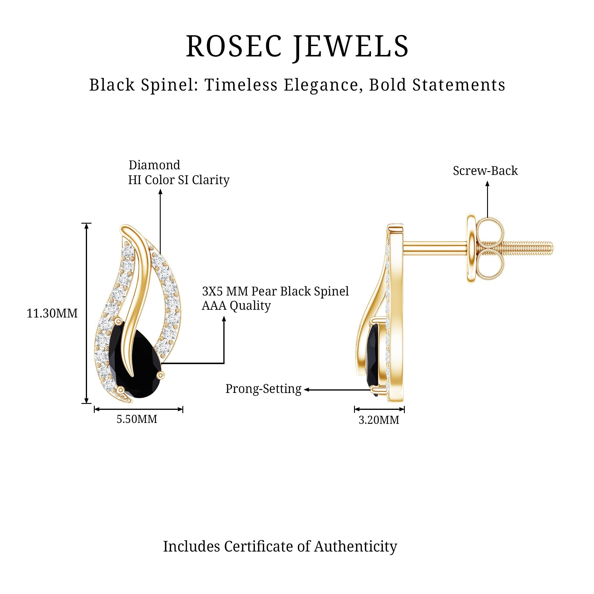 Pear Shape Black Spinel and Diamond Leaf Stud Earrings