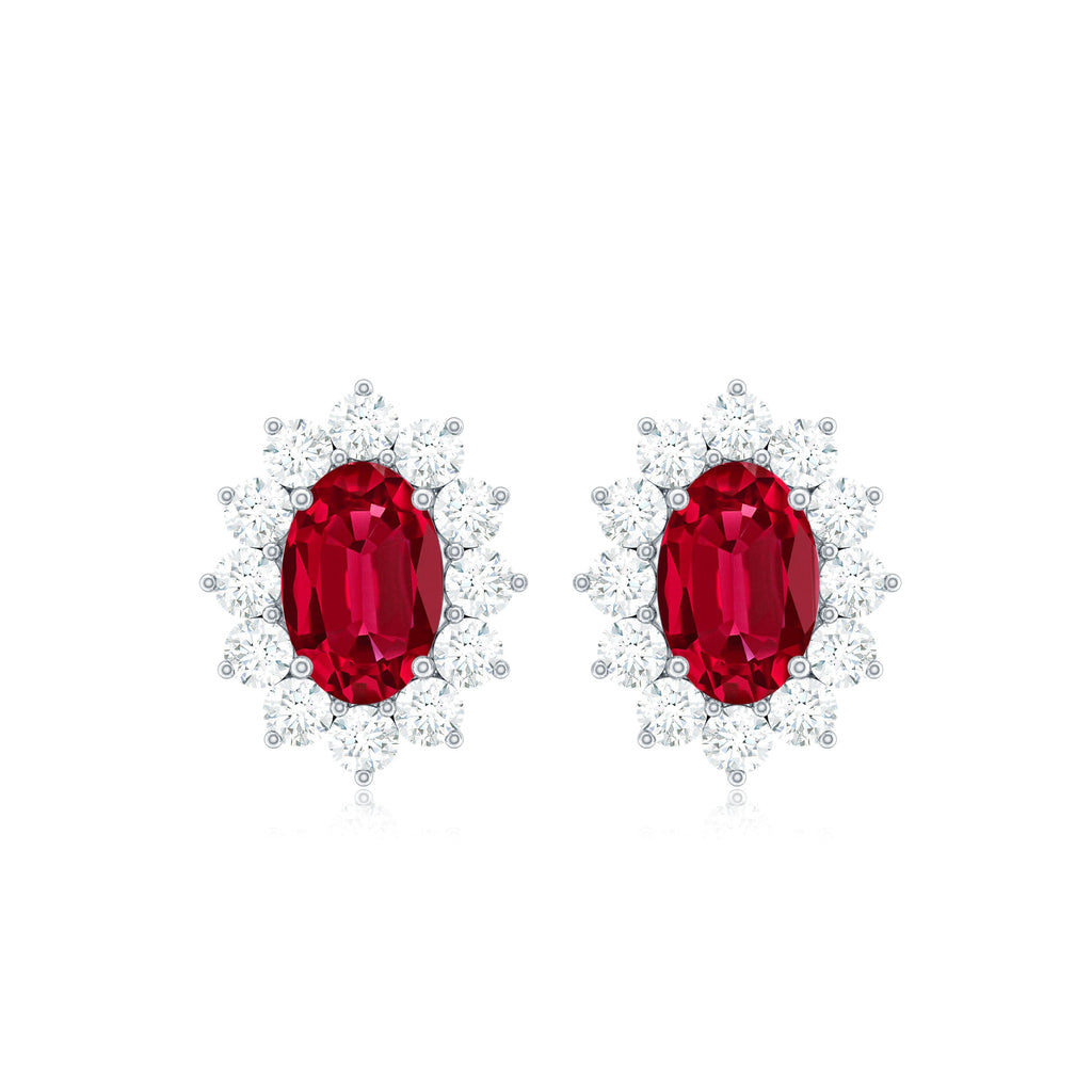 Oval Shape Lab Created Ruby and Diamond Halo Stud Earrings