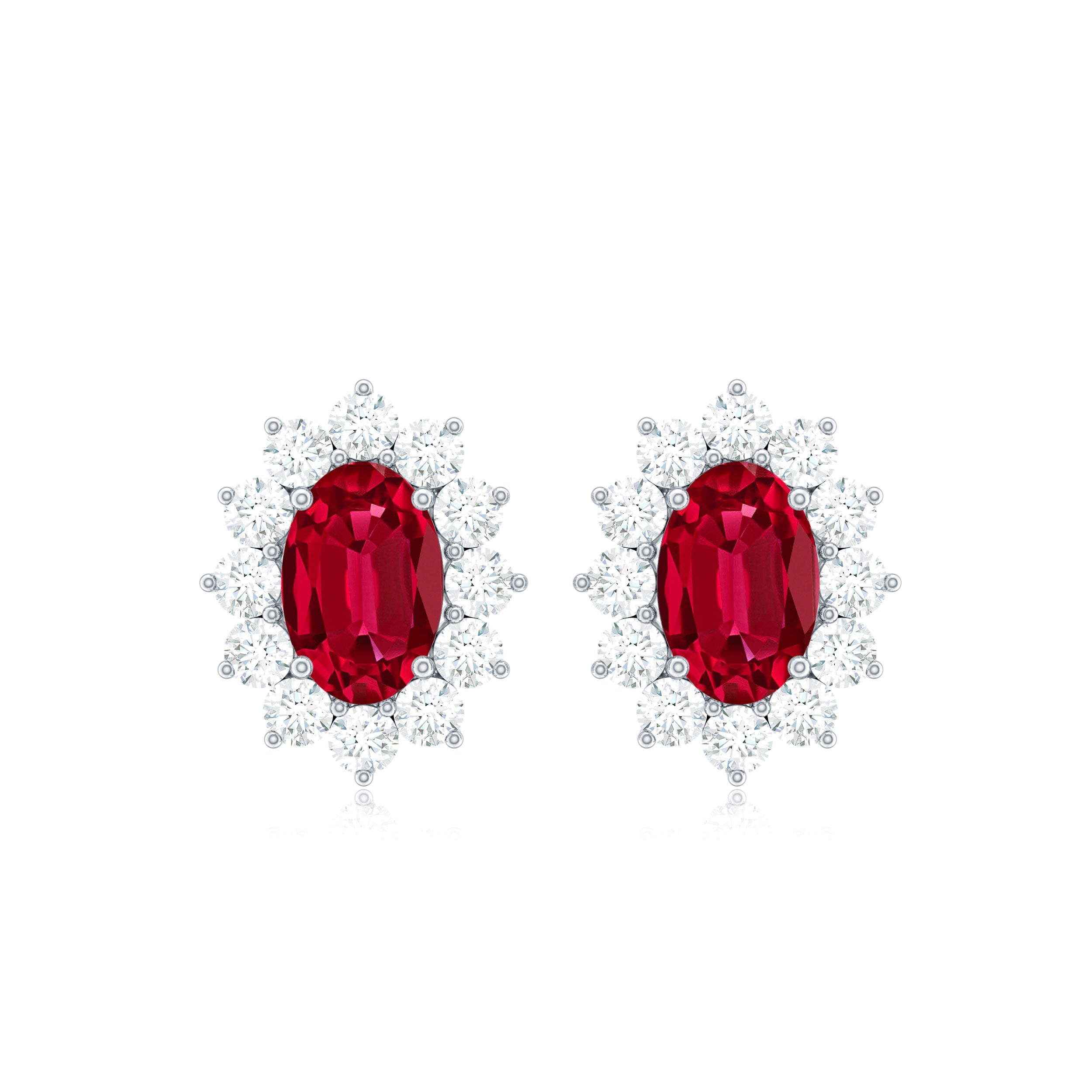 Oval Shape Lab Created Ruby and Diamond Halo Stud Earrings