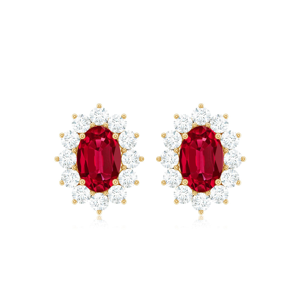 Oval Shape Lab Created Ruby and Diamond Halo Stud Earrings