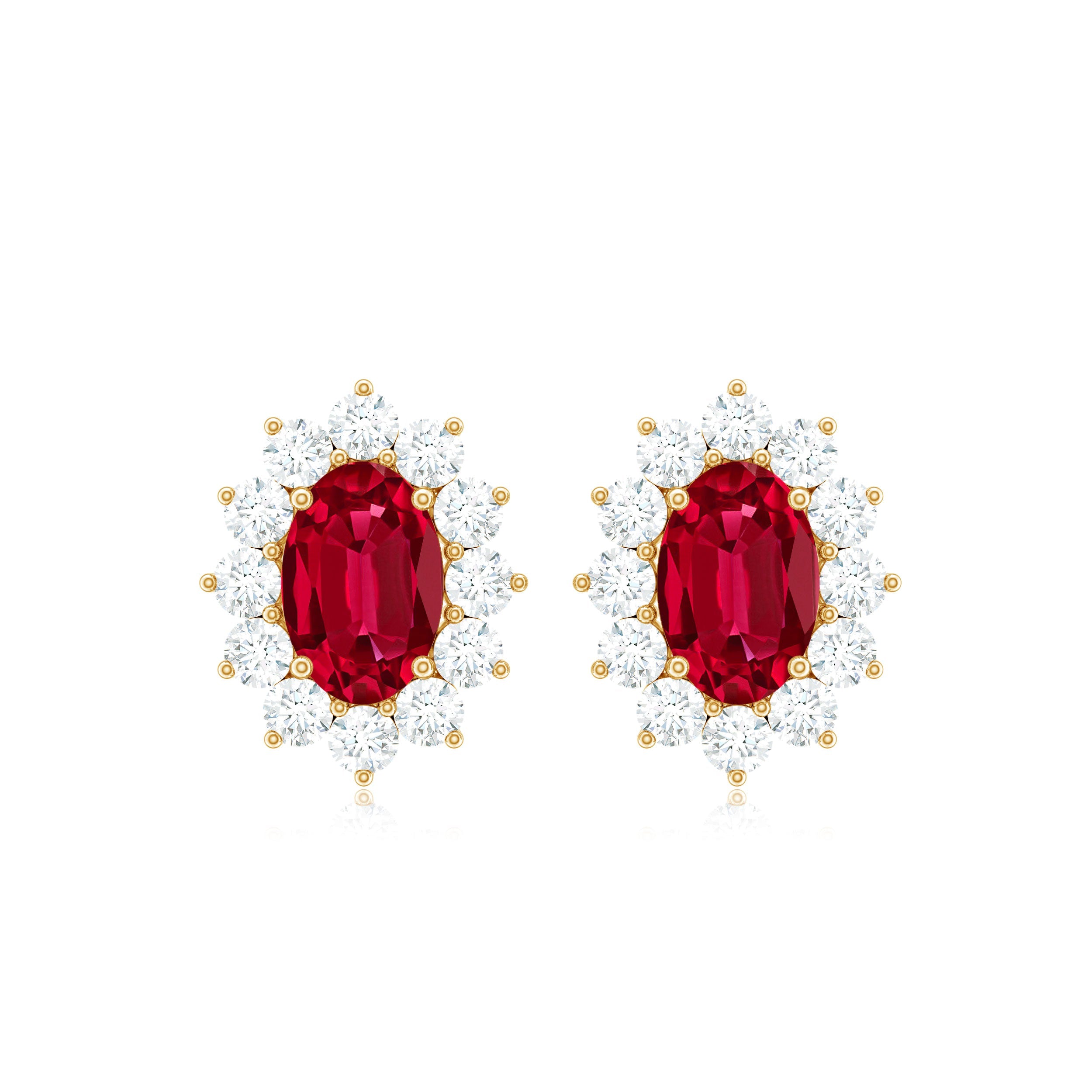Oval Shape Lab Created Ruby and Diamond Halo Stud Earrings