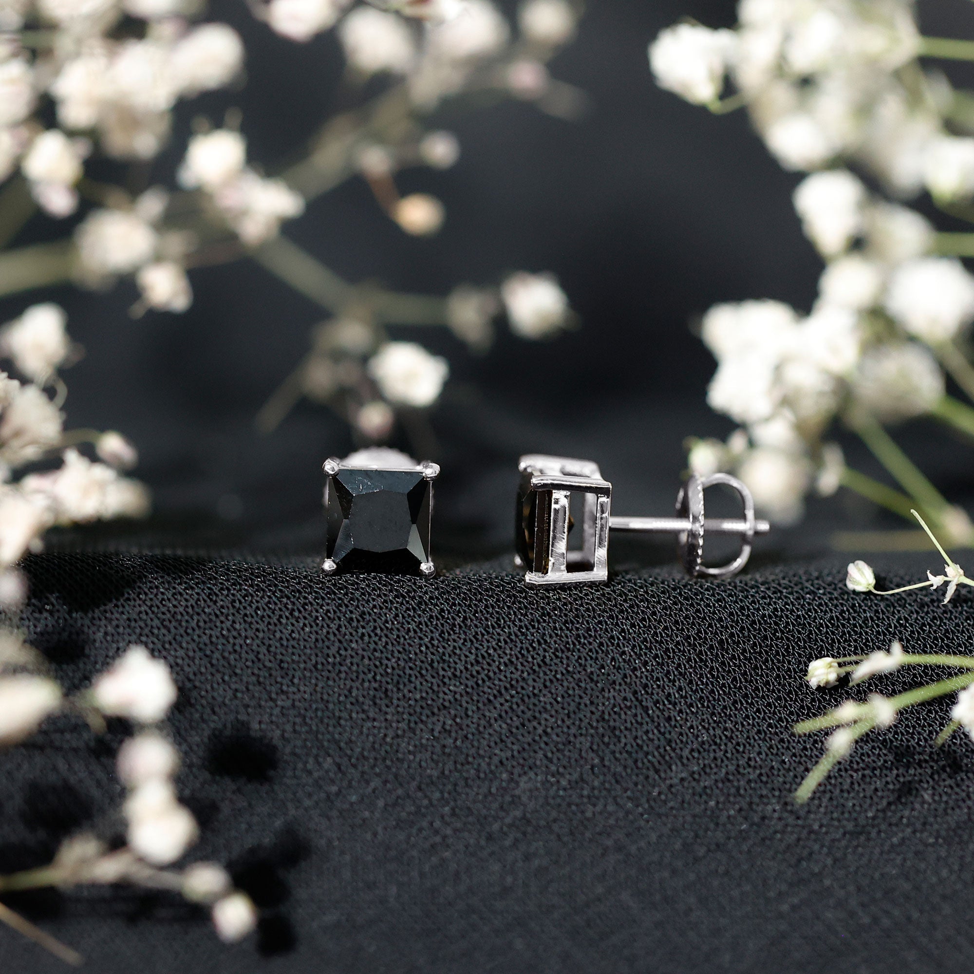 Princess Cut Lab Grown Black Diamond Solitaire Stud Earrings