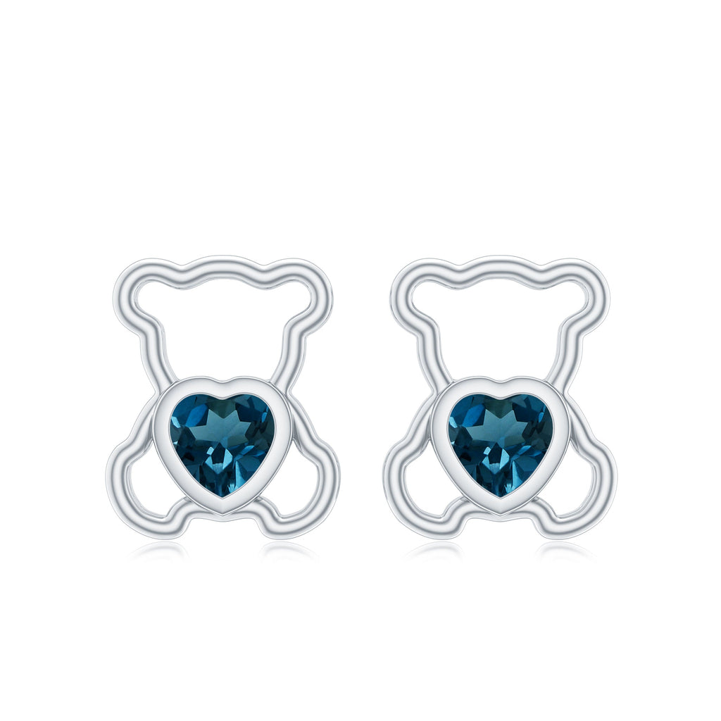 1/2 CT Heart Shape London Blue Topaz Teddy Bear Earrings