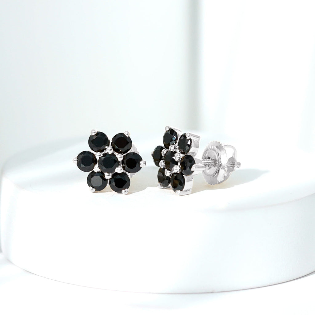 Genuine Black Onyx Flower Cluster Stud Earrings