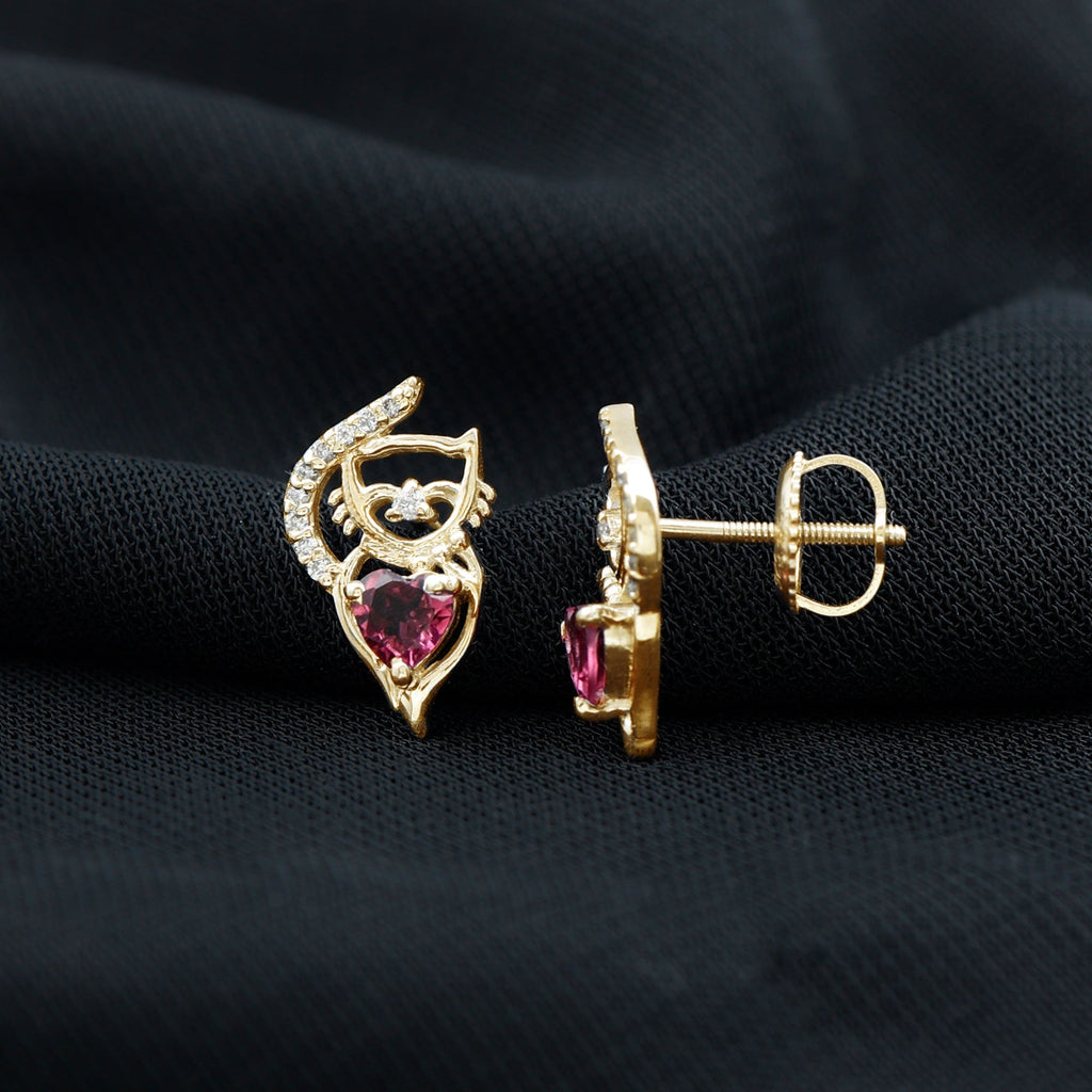 Heart Shape Pink Tourmaline and Diamond Cat Stud Earring