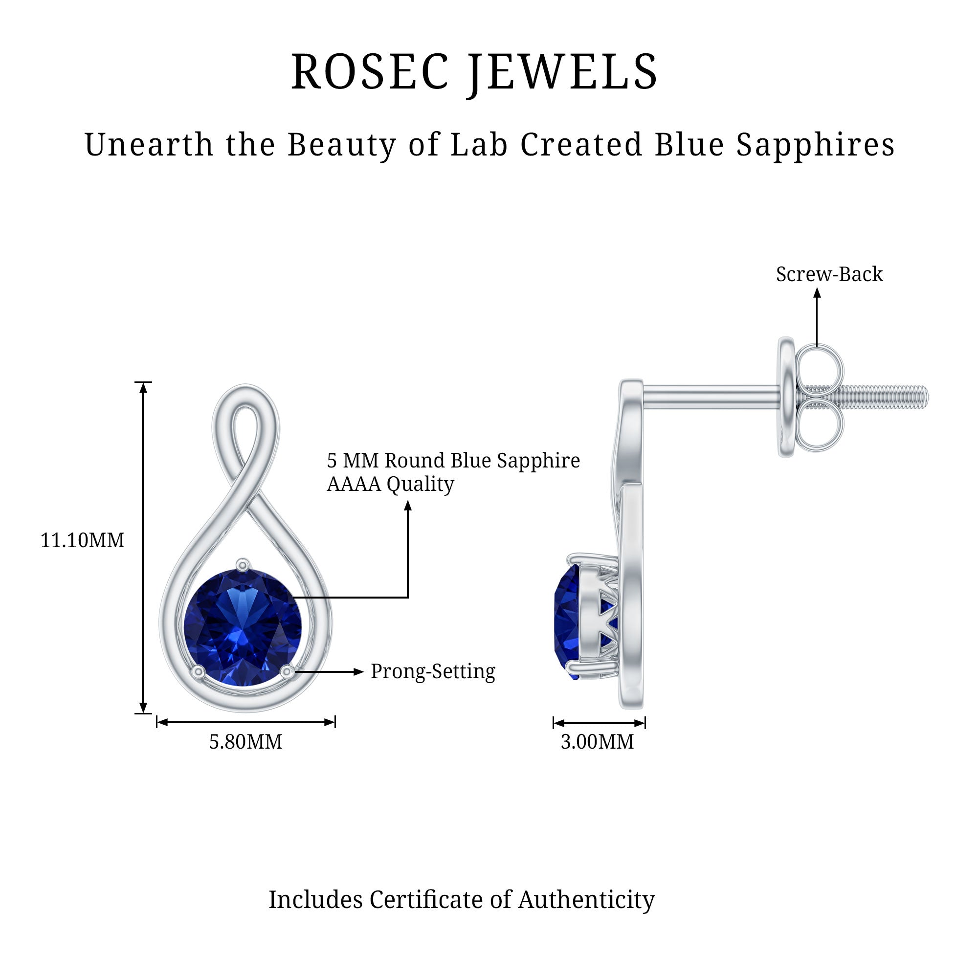 Solitaire Created Blue Sapphire Infinity Stud Earrings