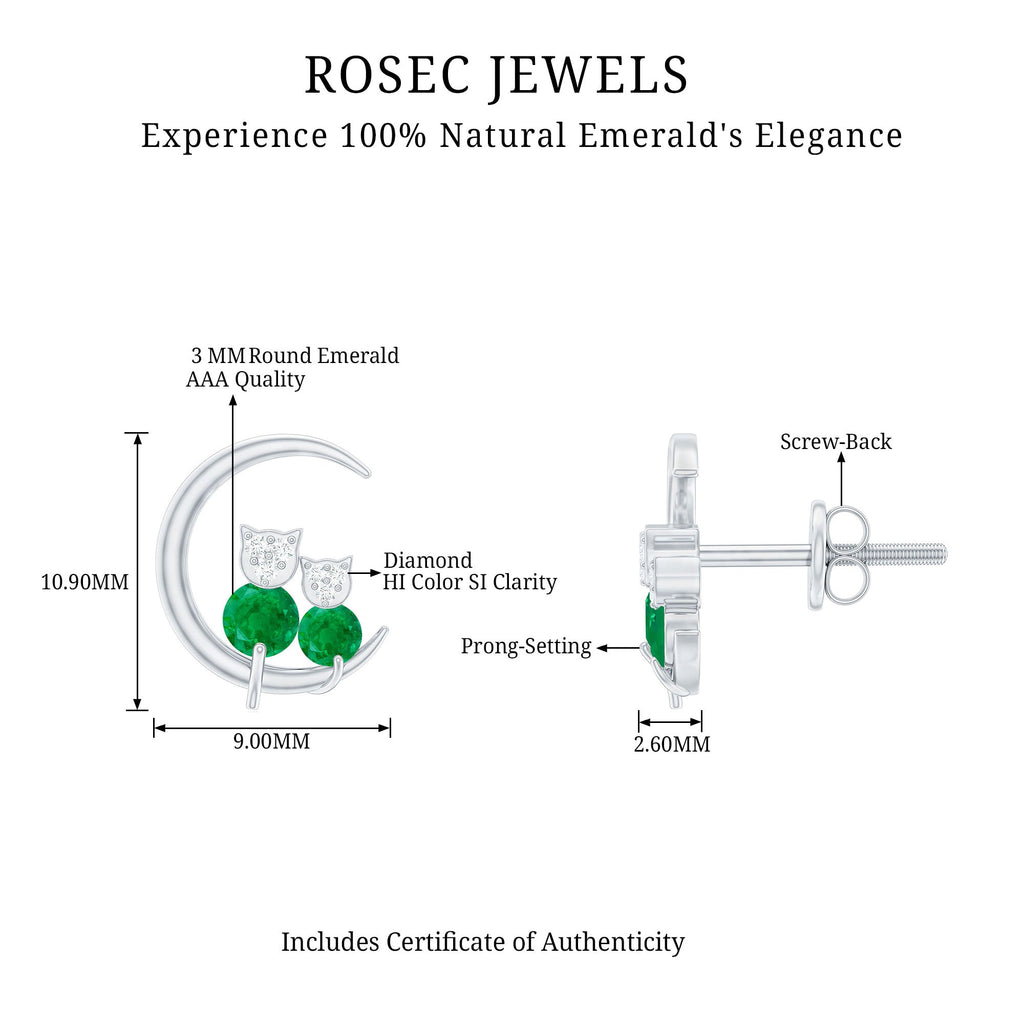 Genuine Emerald and Diamond Cat and Moon Stud Earrings