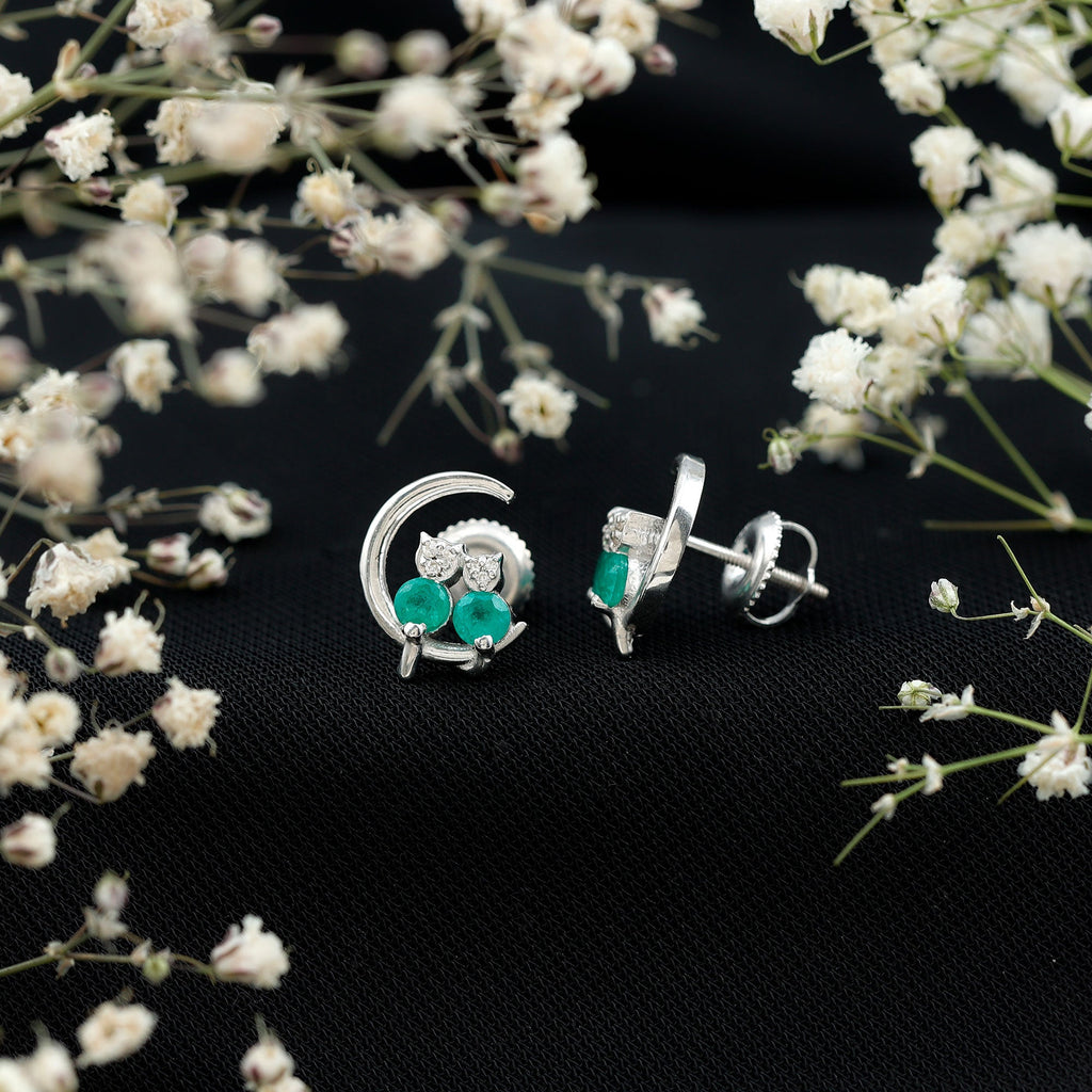 Genuine Emerald and Diamond Cat and Moon Stud Earrings