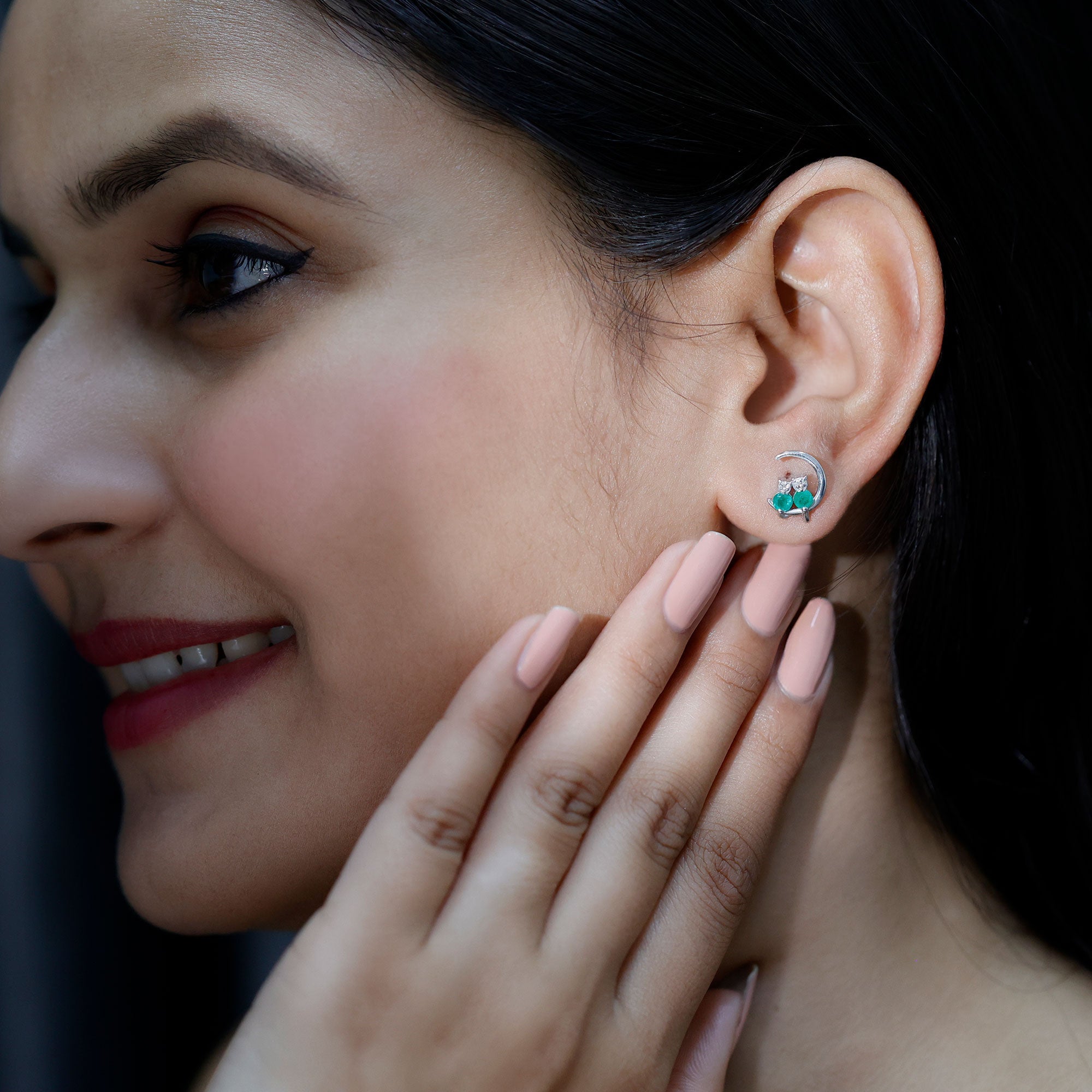 Genuine Emerald and Diamond Cat and Moon Stud Earrings