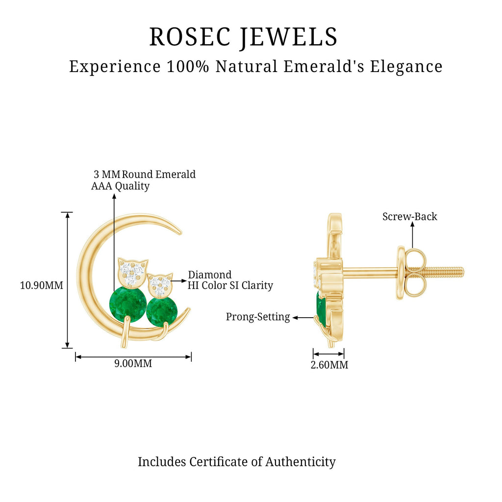 Genuine Emerald and Diamond Cat and Moon Stud Earrings