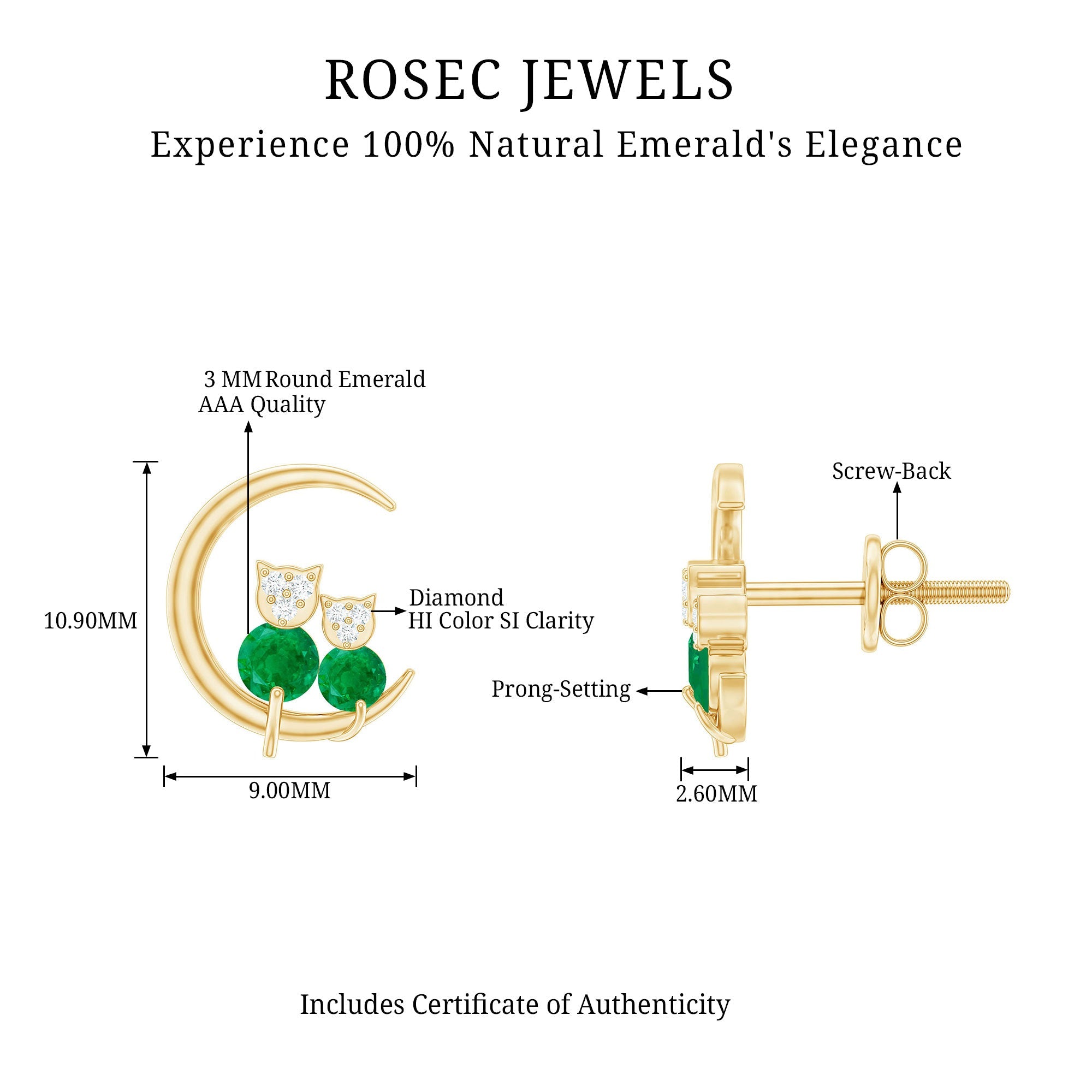 Genuine Emerald and Diamond Cat and Moon Stud Earrings