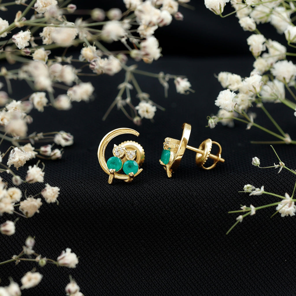 Genuine Emerald and Diamond Cat and Moon Stud Earrings