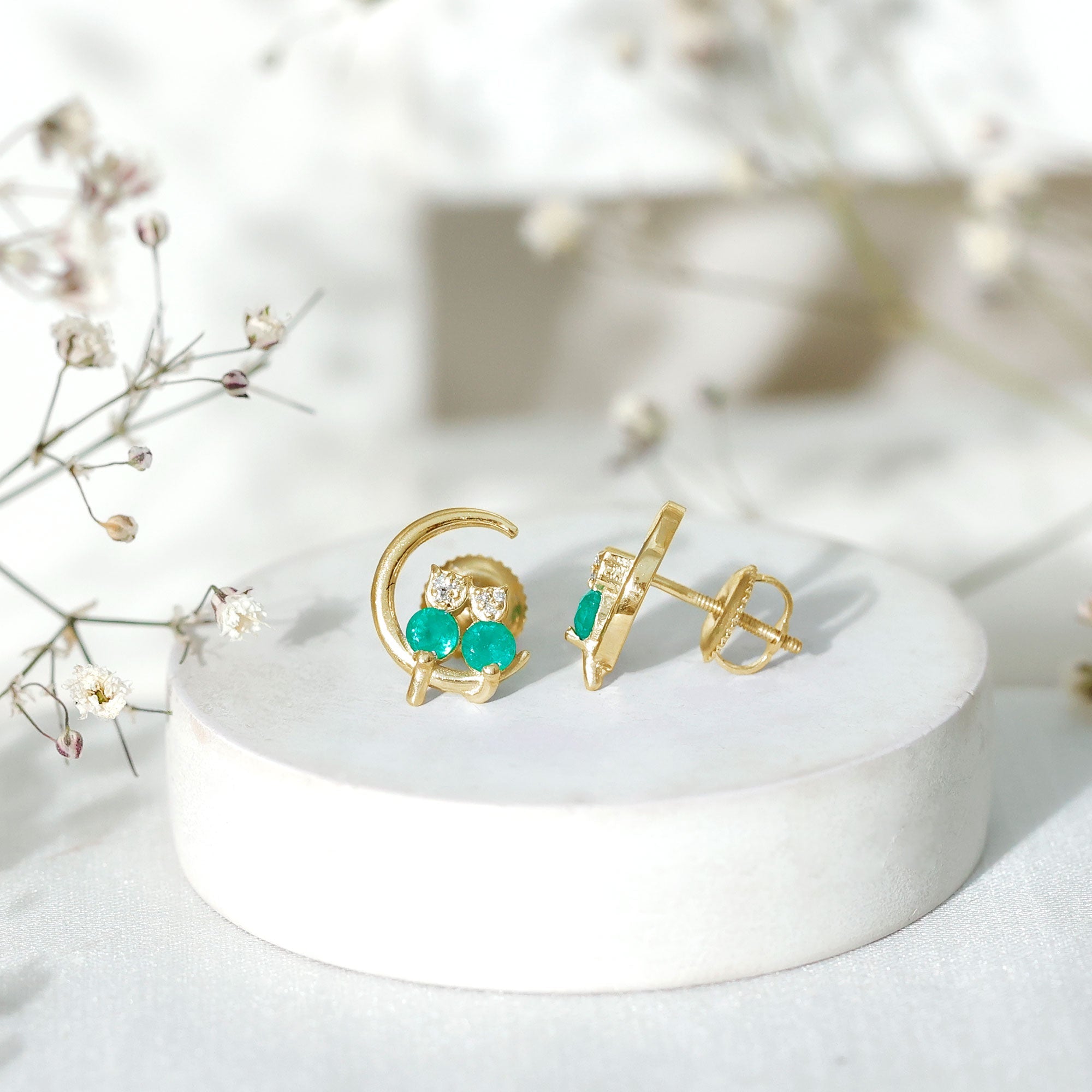 Genuine Emerald and Diamond Cat and Moon Stud Earrings