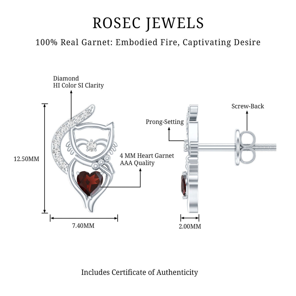 Heart Shape Garnet and Diamond Cat Stud Earrings