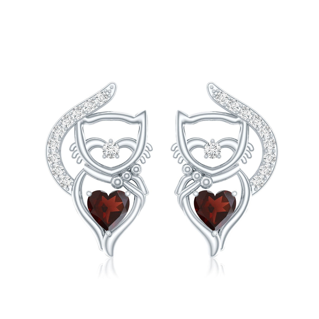 Heart Shape Garnet and Diamond Cat Stud Earrings