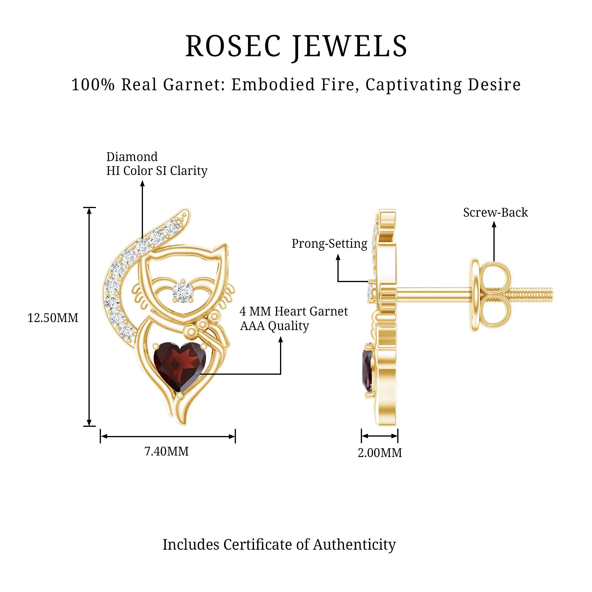 Heart Shape Garnet and Diamond Cat Stud Earrings