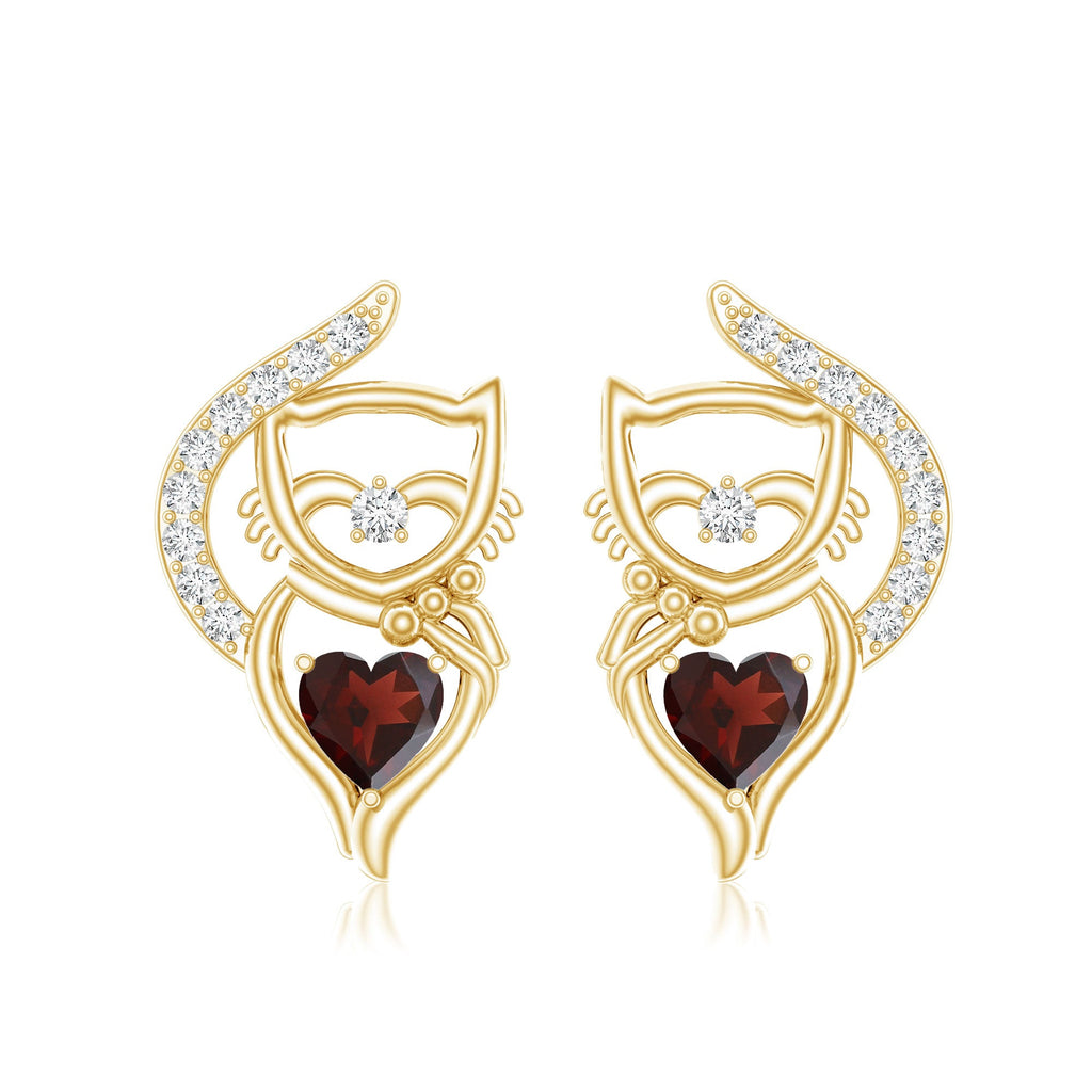 Heart Shape Garnet and Diamond Cat Stud Earrings