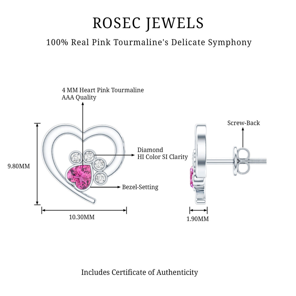 Heart Shape Pink Tourmaline and Diamond Dog Paw Stud Earrings