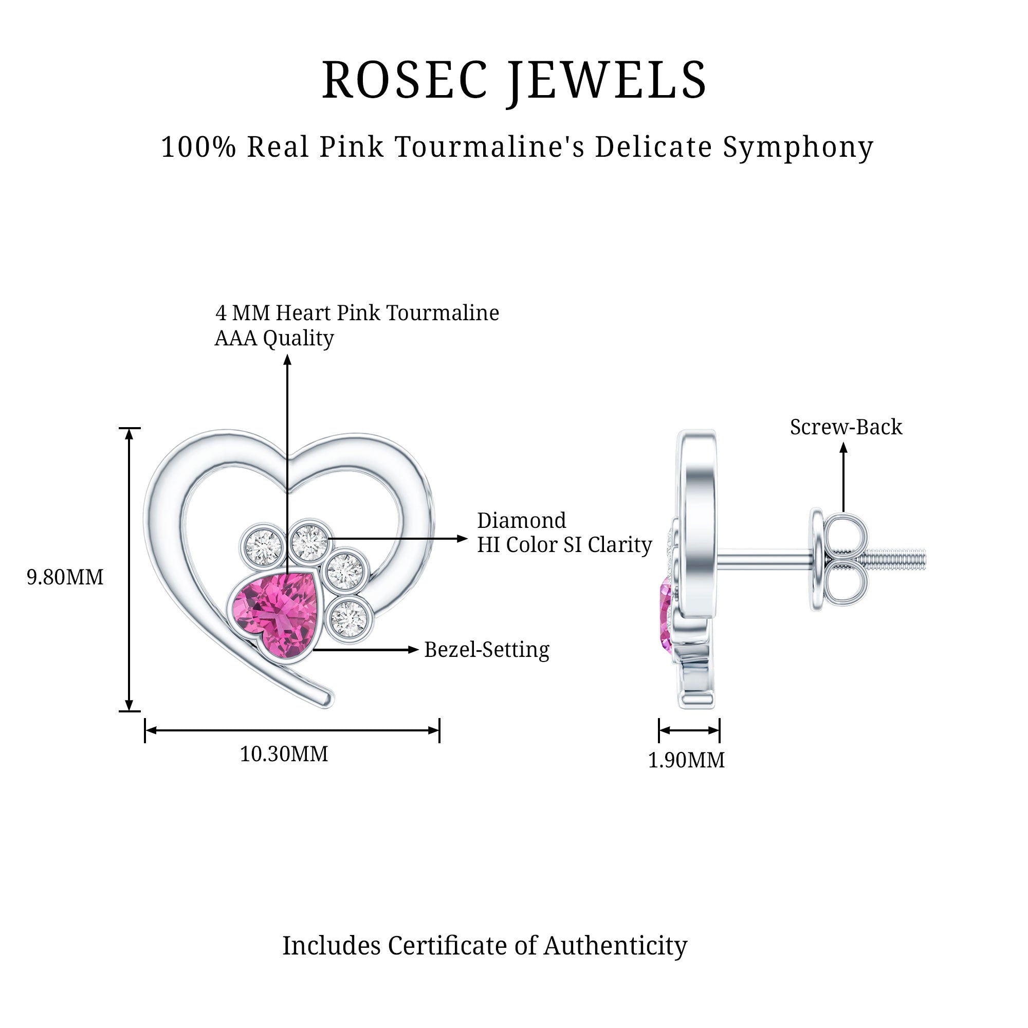 Heart Shape Pink Tourmaline and Diamond Dog Paw Stud Earrings