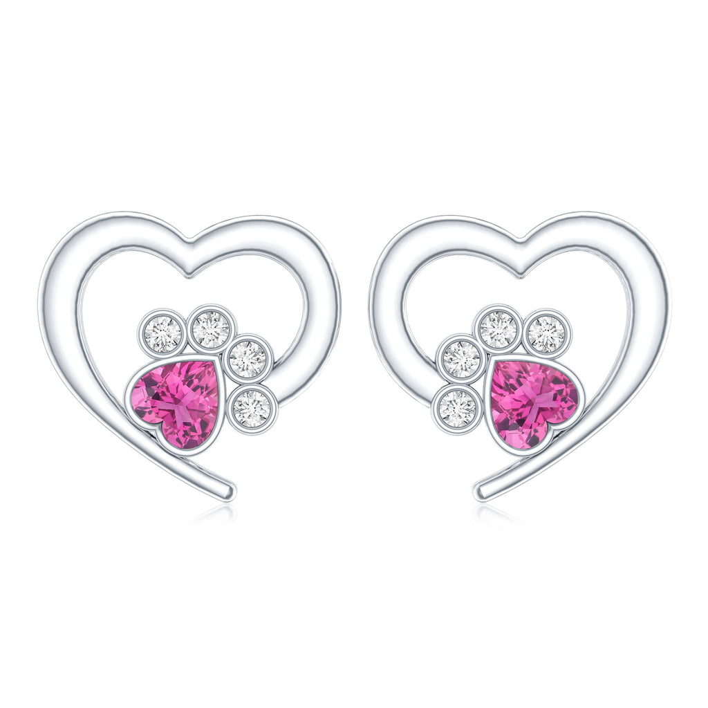 Heart Shape Pink Tourmaline and Diamond Dog Paw Stud Earrings