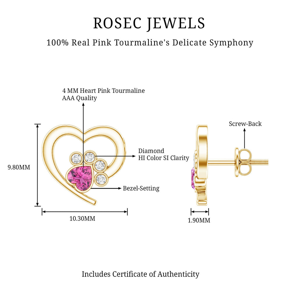 Heart Shape Pink Tourmaline and Diamond Dog Paw Stud Earrings
