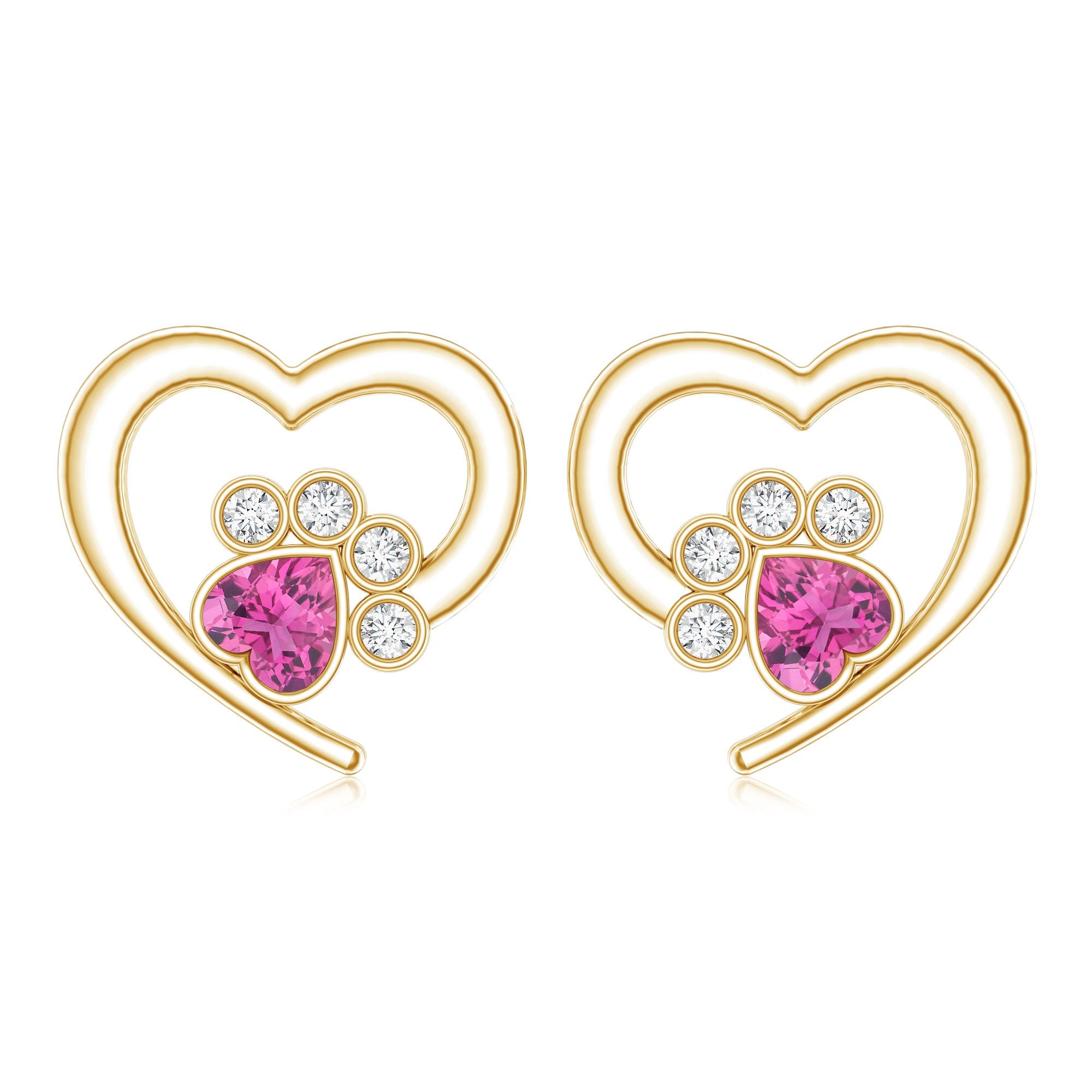 Heart Shape Pink Tourmaline and Diamond Dog Paw Stud Earrings