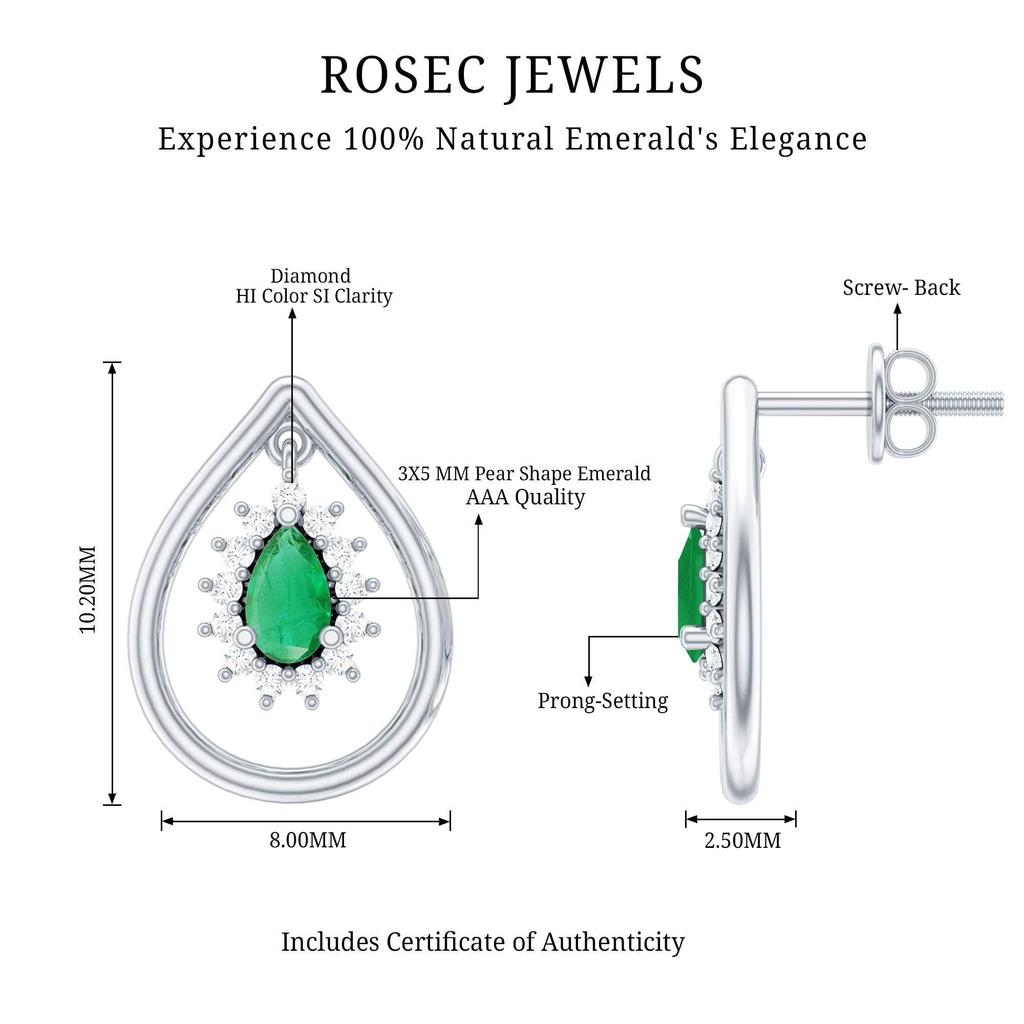 Real Emerald Teardrop Stud Earrings with Diamond Halo